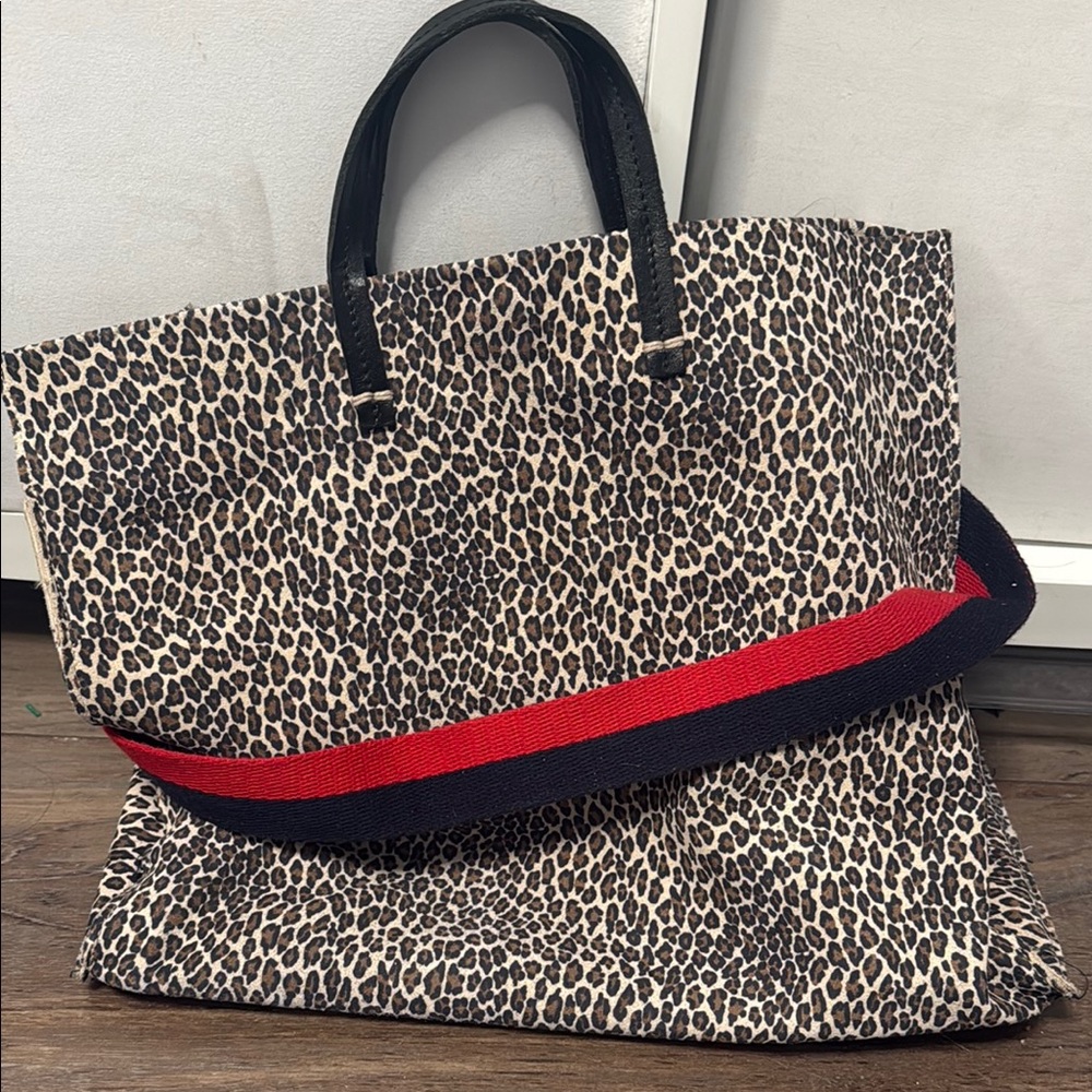 Clare V mini cat tote Leopard Print Tote Bag with Red and Black Accents